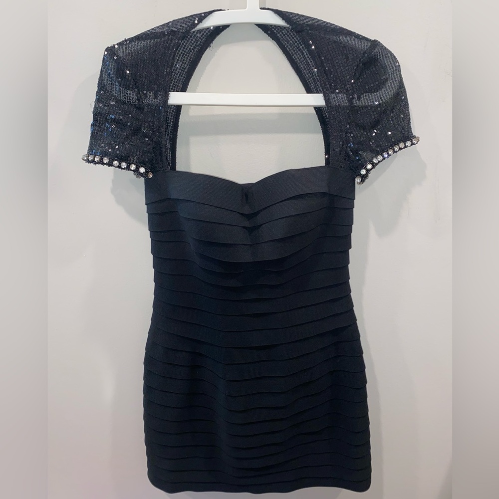 Sherri Hill Black Mini Dress with Sequined Sleeves